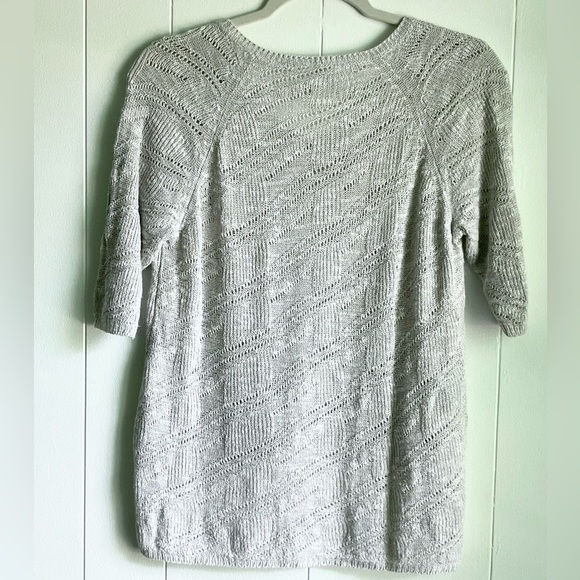 Eileen Fisher Cream Linen Blend Open Lace Knit 3/4 Sleeve Sweater V-neck… - Picture 2 of 10